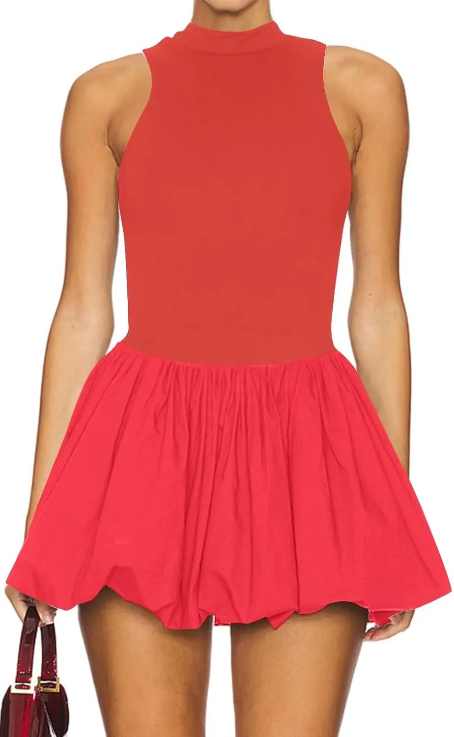 Women's Summer Bubble Mini Dress Sexy Mock Neck Sleeveless Tank Dress Party Club Bodycon Short Dresses