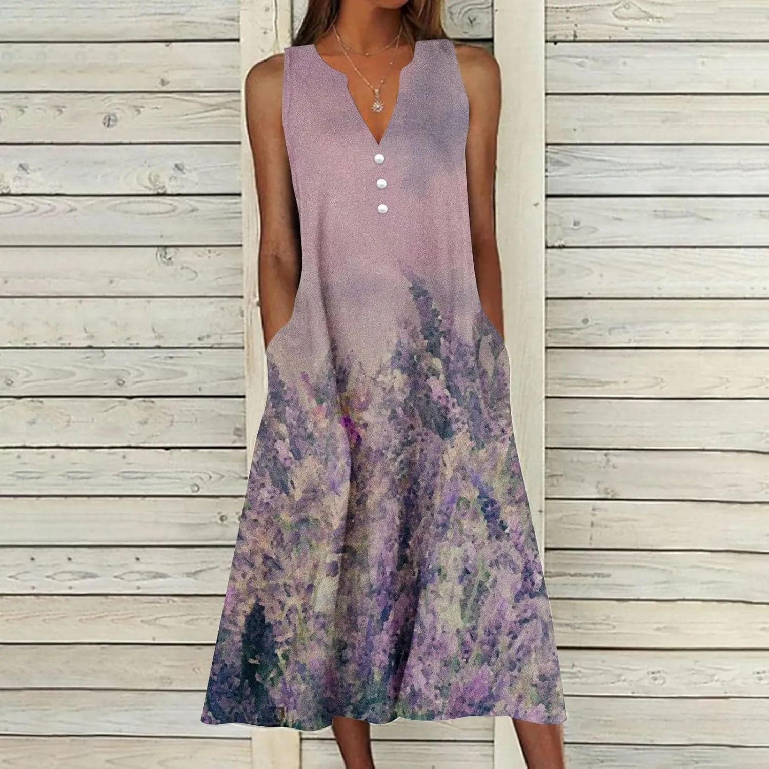 Women's Summer Design Casual Dress Sleeveless V-Neck Dress with Pockets Loose Flowy Swing Pleated Long Beach Dress