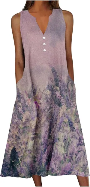 Women's Summer Design Casual Dress Sleeveless V-Neck Dress with Pockets Loose Flowy Swing Pleated Long Beach Dress