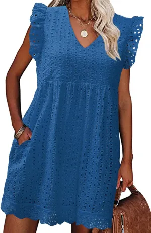 Women's Summer Dresses 2025 Beach Casual V Neck Loose Sundress Ruffle Sleeve Mini Dress with Pockets