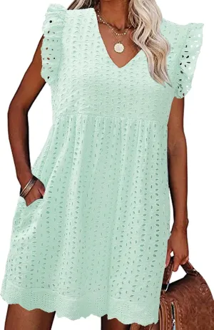 Women's Summer Dresses 2025 Beach Casual V Neck Loose Sundress Ruffle Sleeve Mini Dress with Pockets