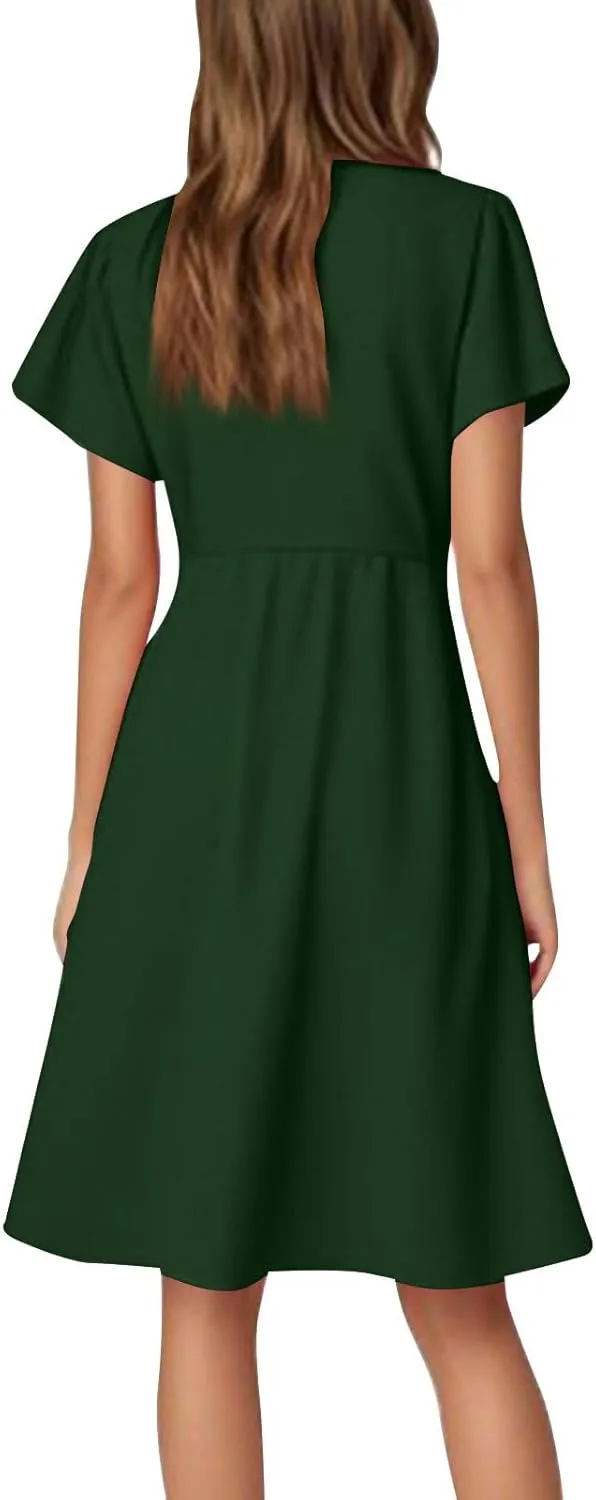 Women's Summer Dresses 2025 Casual V Neck Ruffle Sleeve Midi Casual Elegant Petite Dresses