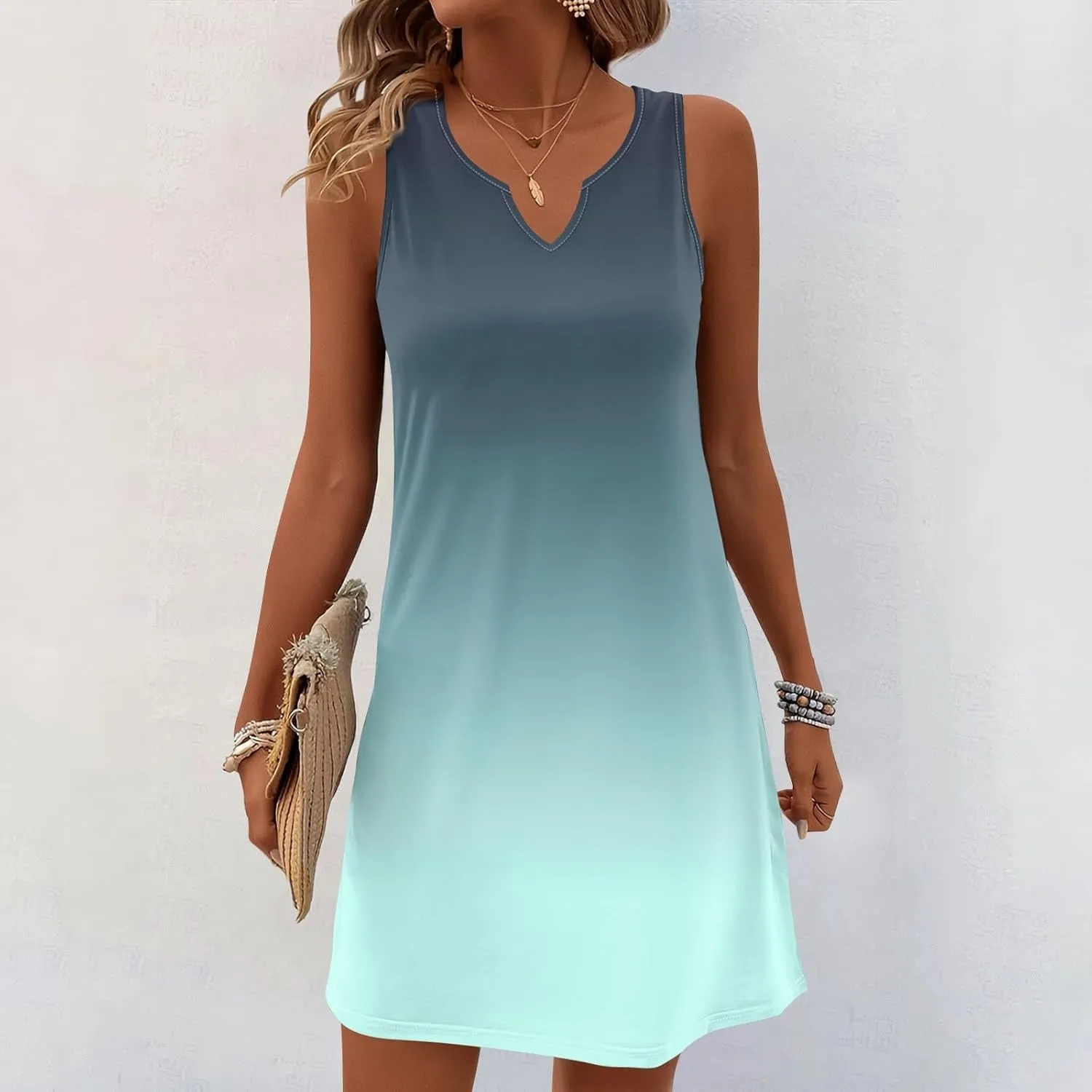 Womens Summer Dresses 2025 Casual V Neck Sleeveless Sundress Fashion Beach Print Dresses Elegant Vacation Mini-Dress