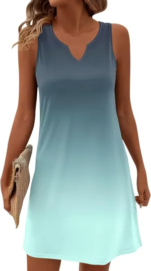Womens Summer Dresses 2025 Casual V Neck Sleeveless Sundress Fashion Beach Print Dresses Elegant Vacation Mini-Dress