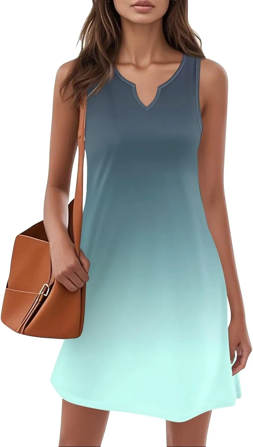 Womens Summer Dresses 2025 Casual V Neck Sleeveless Sundress Fashion Beach Print Dresses Elegant Vacation Mini-Dress