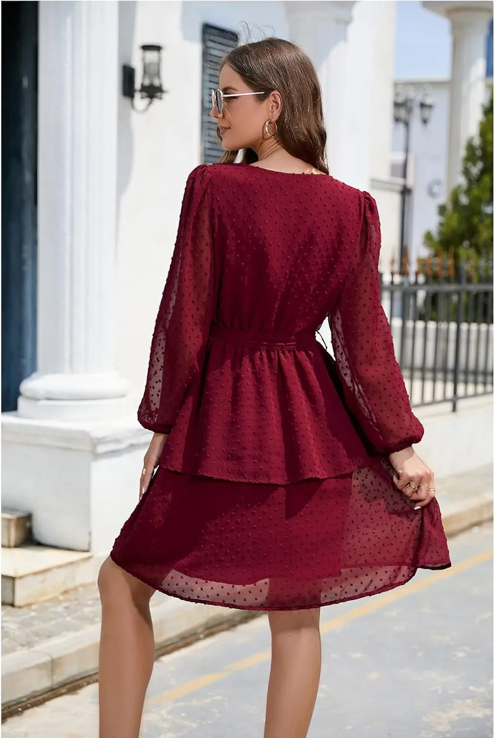 Women's Summer Dresses Casual Dress V Neck Ruffle High Waist Flowy Mini Dress with Belt