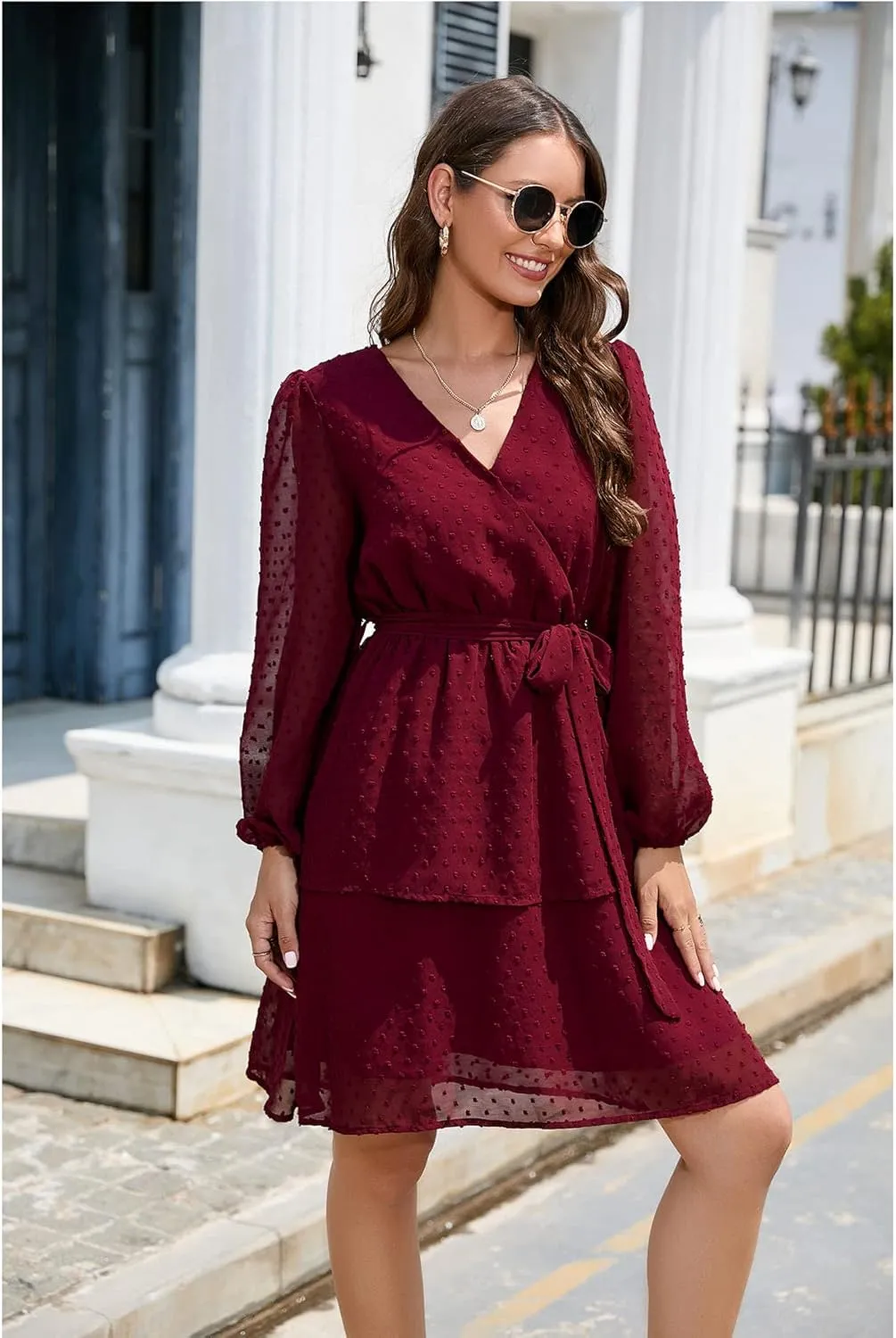 Women's Summer Dresses Casual Dress V Neck Ruffle High Waist Flowy Mini Dress with Belt