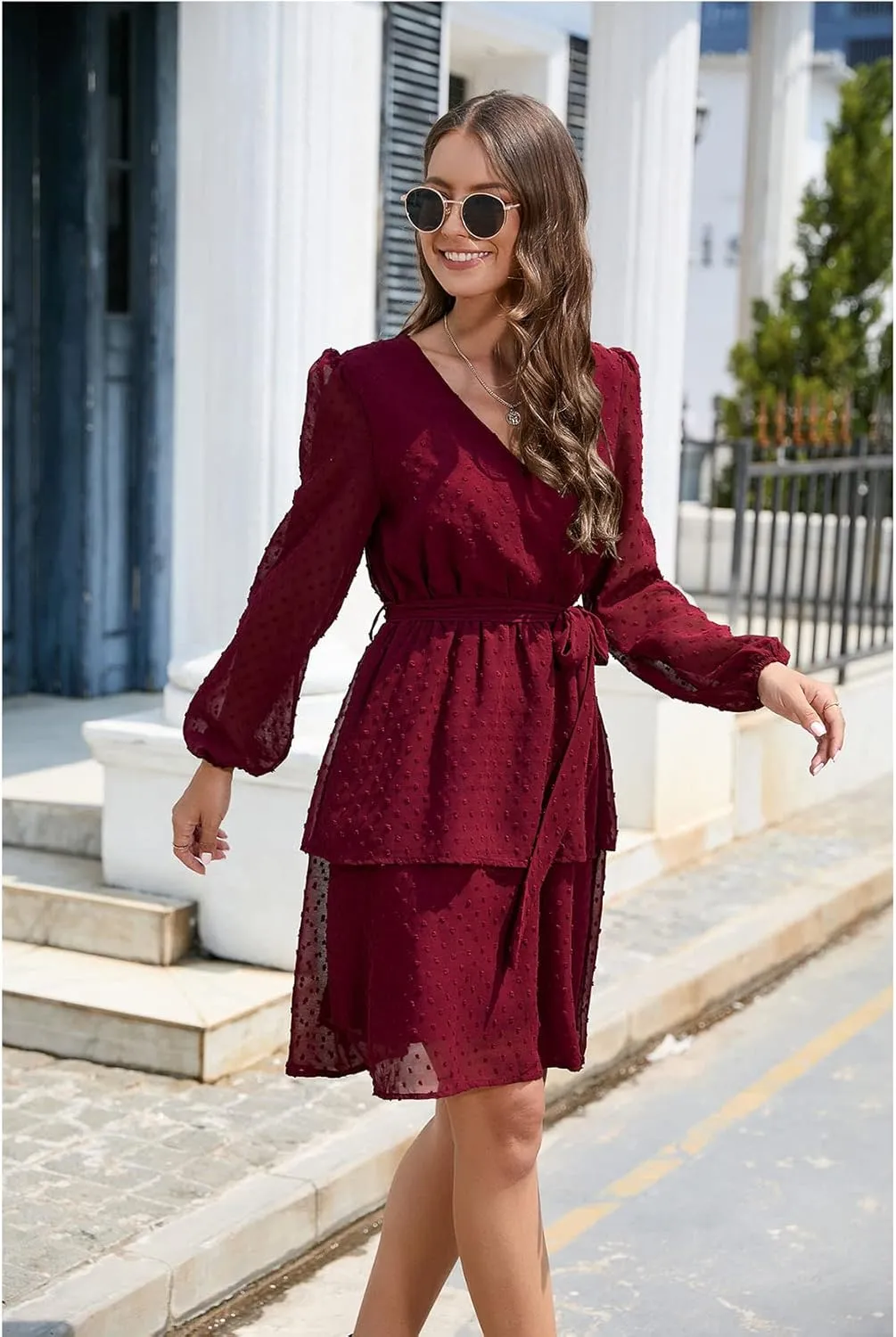Women's Summer Dresses Casual Dress V Neck Ruffle High Waist Flowy Mini Dress with Belt