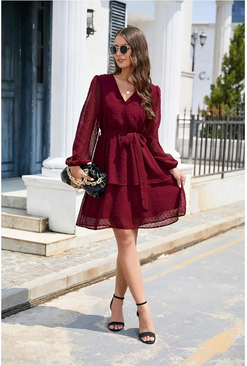 Women's Summer Dresses Casual Dress V Neck Ruffle High Waist Flowy Mini Dress with Belt