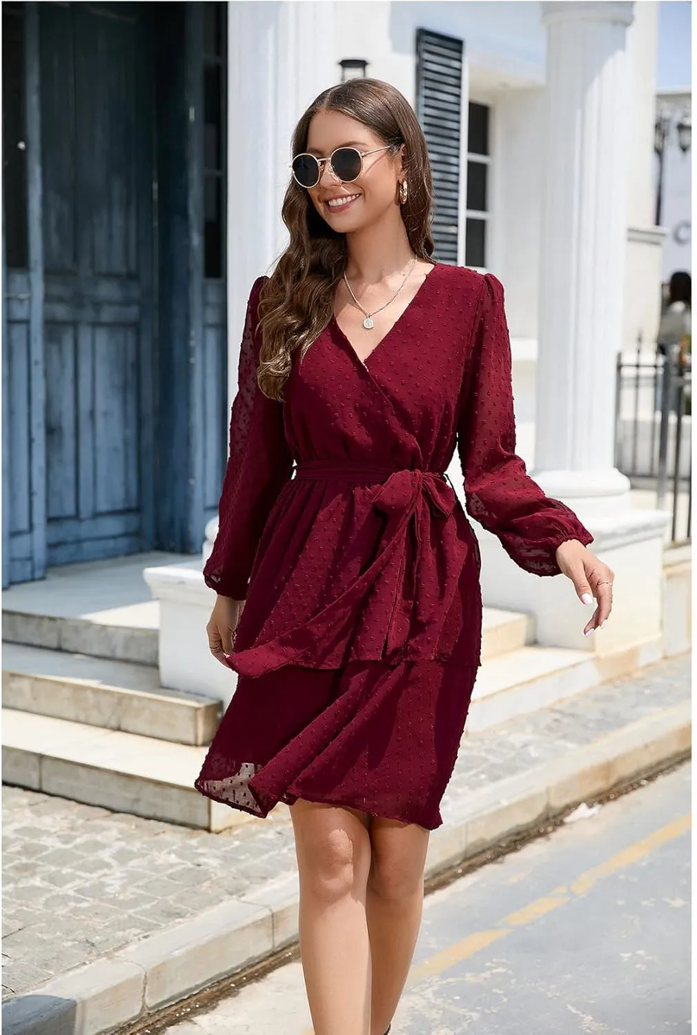 Women's Summer Dresses Casual Dress V Neck Ruffle High Waist Flowy Mini Dress with Belt