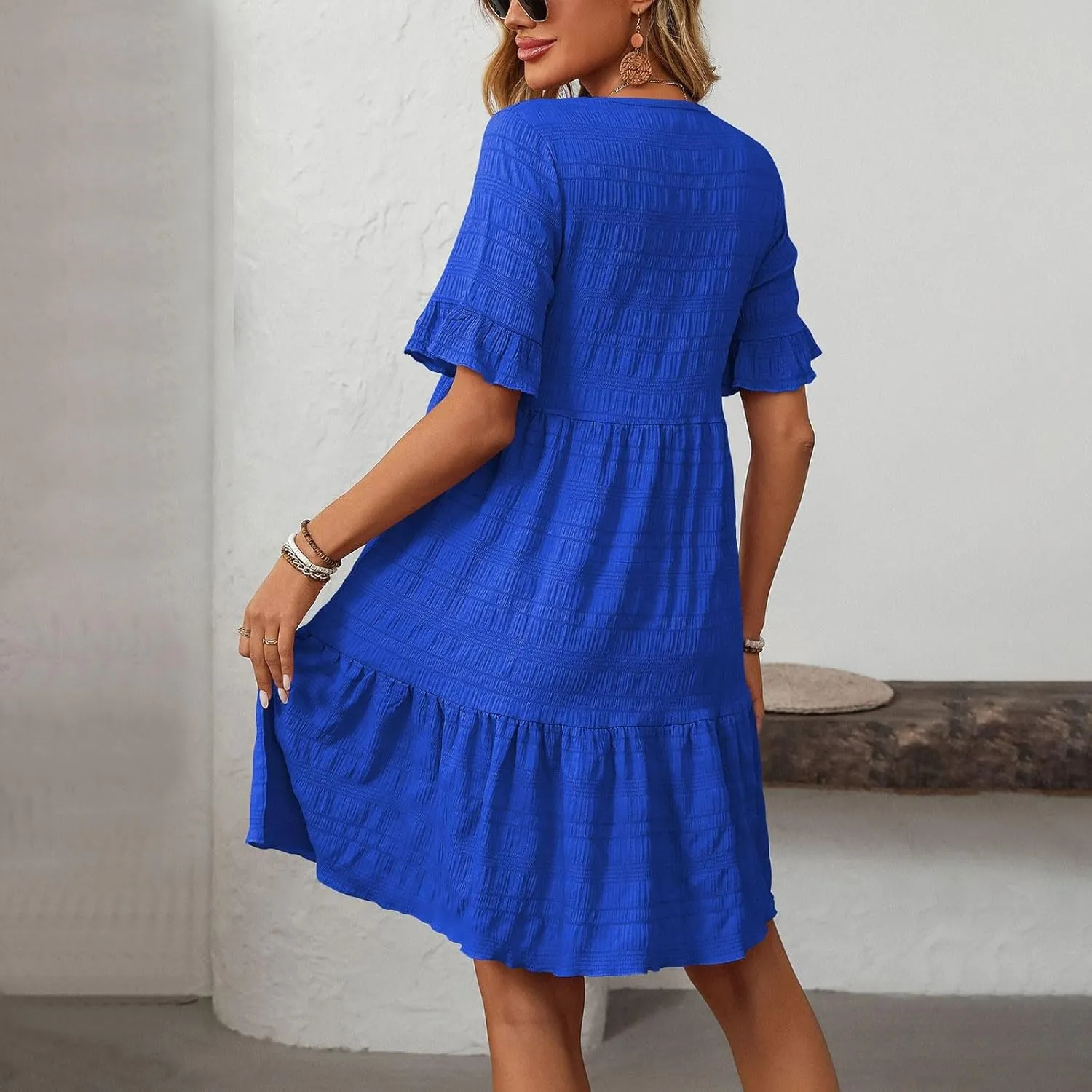 Womens Summer Dresses Crew Neck Ruffle Sleeve Lightweight Soft Dressy Casual Dress Vacation Going Out Work Outfit