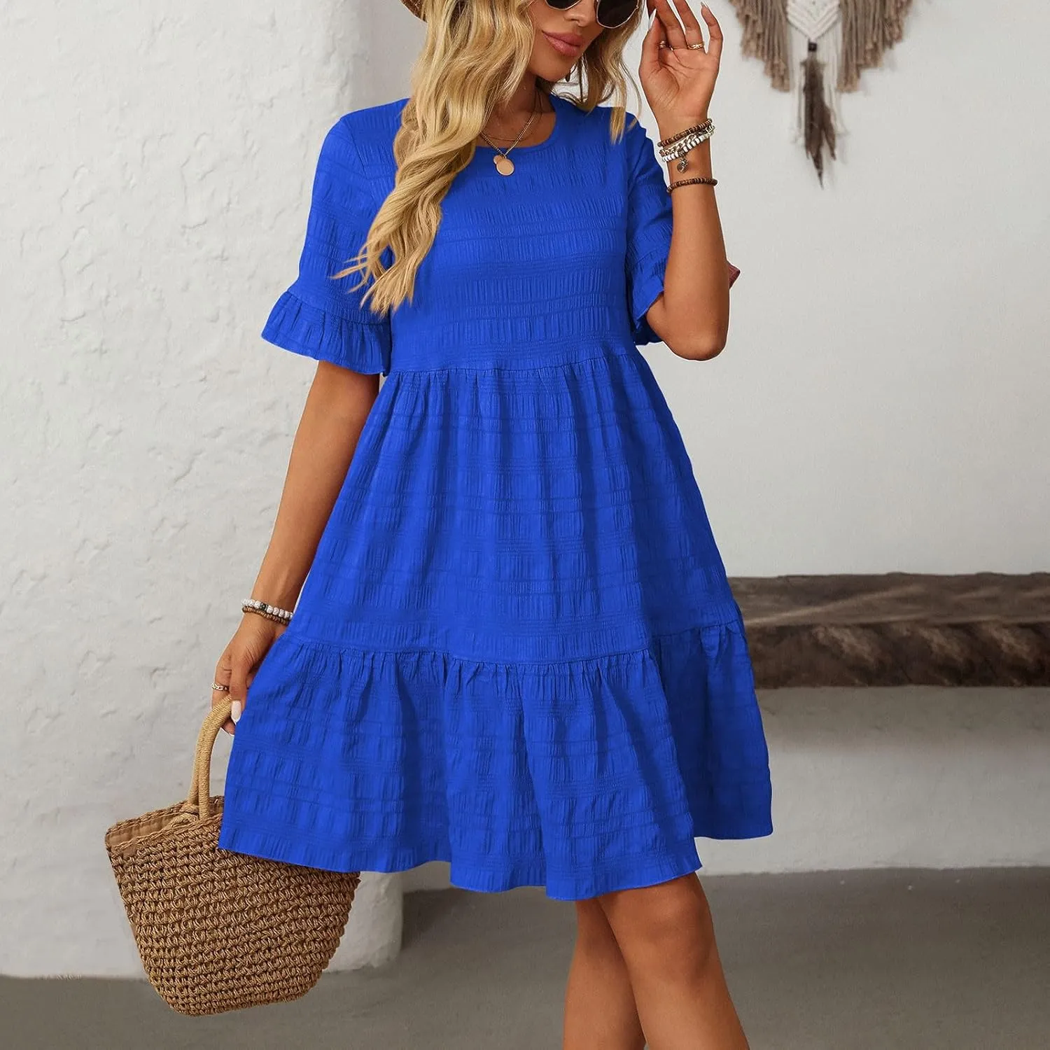 Womens Summer Dresses Crew Neck Ruffle Sleeve Lightweight Soft Dressy Casual Dress Vacation Going Out Work Outfit
