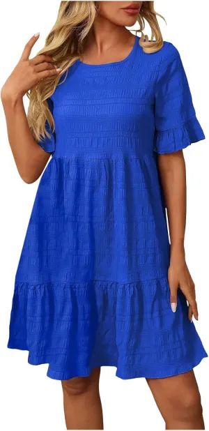 Womens Summer Dresses Crew Neck Ruffle Sleeve Lightweight Soft Dressy Casual Dress Vacation Going Out Work Outfit