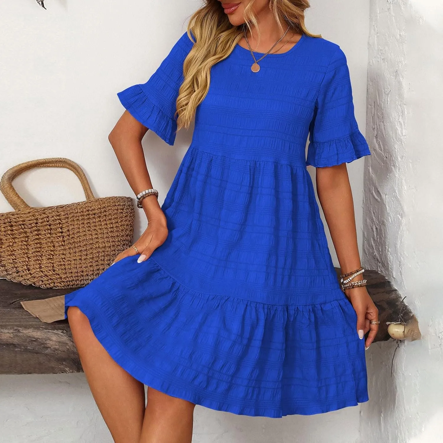 Womens Summer Dresses Crew Neck Ruffle Sleeve Lightweight Soft Dressy Casual Dress Vacation Going Out Work Outfit