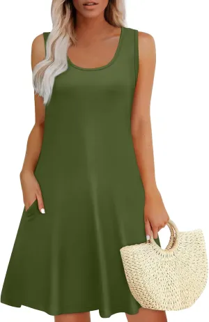 Women's Summer Dresses Loose U Neck Sleeveless Sundresses Casual Floral Dress with Pockets