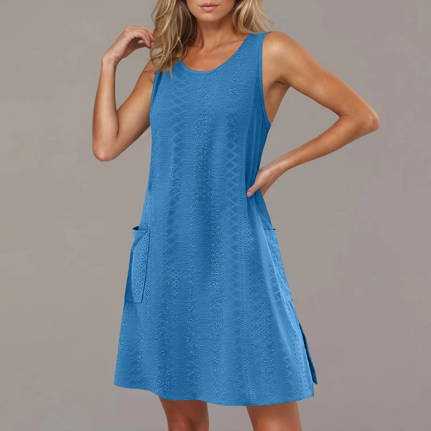 Womens Summer Eyelet Dresses 2025 Swimsuit Coverup with Pockets Casual Beach Vacation Sundresses Sleeveless Tank Dress