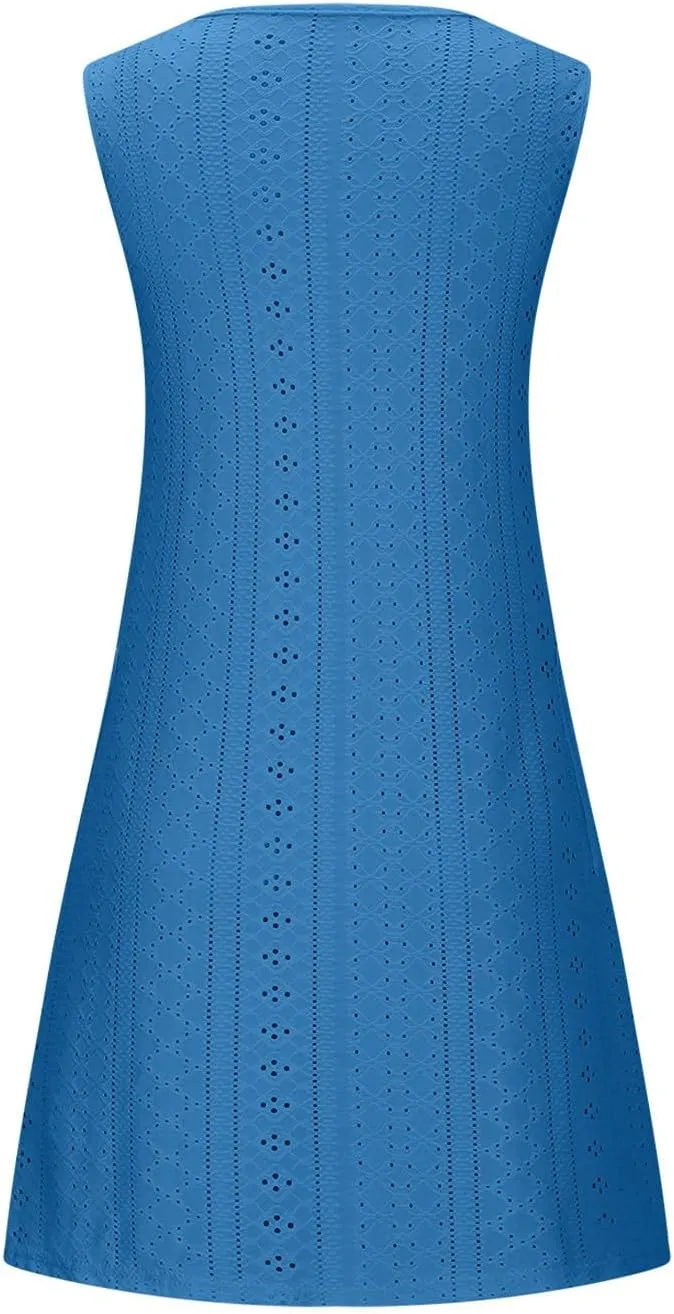 Womens Summer Eyelet Dresses 2025 Swimsuit Coverup with Pockets Casual Beach Vacation Sundresses Sleeveless Tank Dress