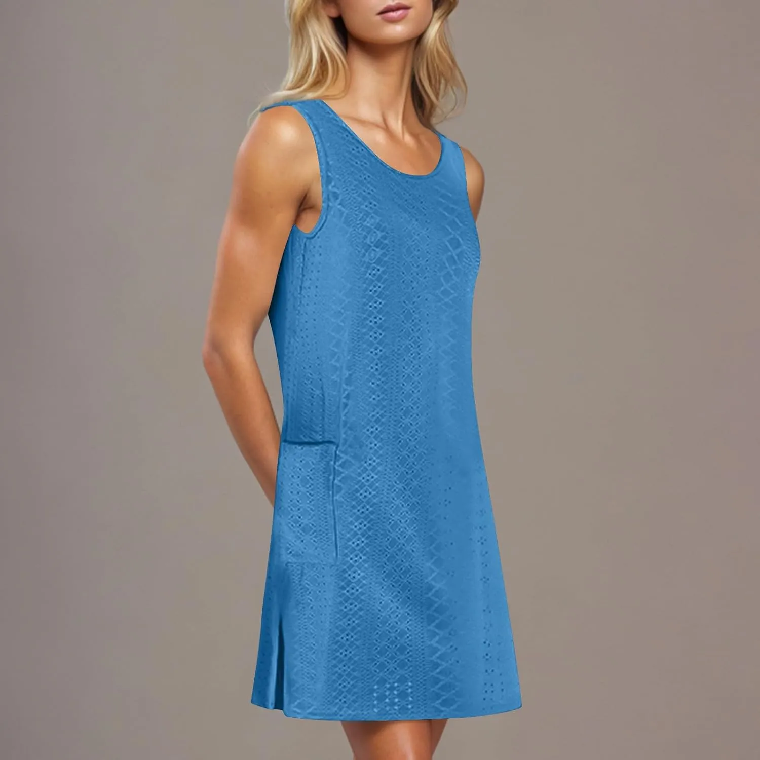 Womens Summer Eyelet Dresses 2025 Swimsuit Coverup with Pockets Casual Beach Vacation Sundresses Sleeveless Tank Dress