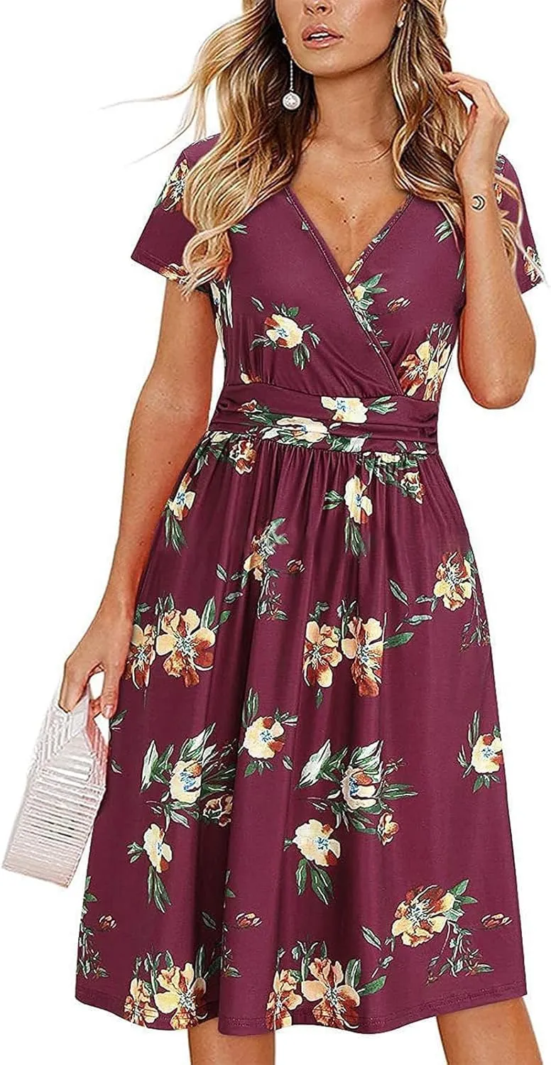 Women's Summer Floral Midi Dress Short Sleeve V-Neck Trendy Wrap Chiffon Dress Casual Swing Wedding Guest Outfit