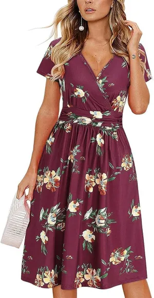 Women's Summer Floral Midi Dress Short Sleeve V-Neck Trendy Wrap Chiffon Dress Casual Swing Wedding Guest Outfit