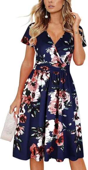 Women's Summer Floral Midi Dress Short Sleeve V-Neck Trendy Wrap Chiffon Dress Casual Swing Wedding Guest Outfit