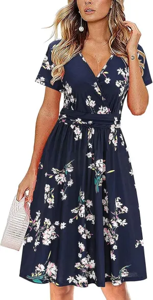 Women's Summer Floral Midi Dress Short Sleeve V-Neck Trendy Wrap Chiffon Dress Casual Swing Wedding Guest Outfit