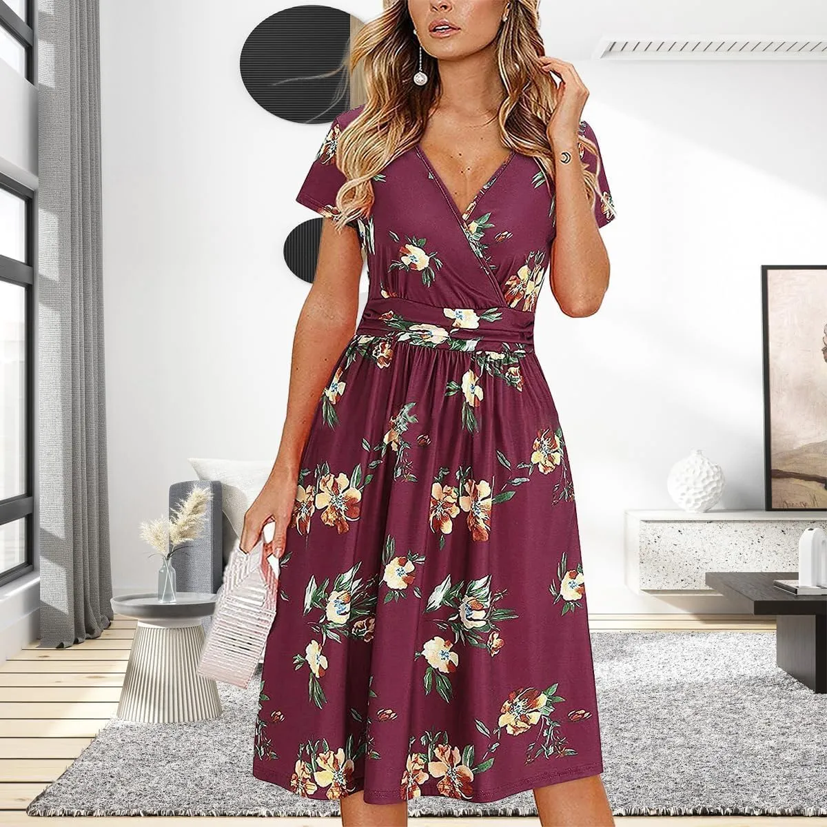 Women's Summer Floral Midi Dress Short Sleeve V-Neck Trendy Wrap Chiffon Dress Casual Swing Wedding Guest Outfit
