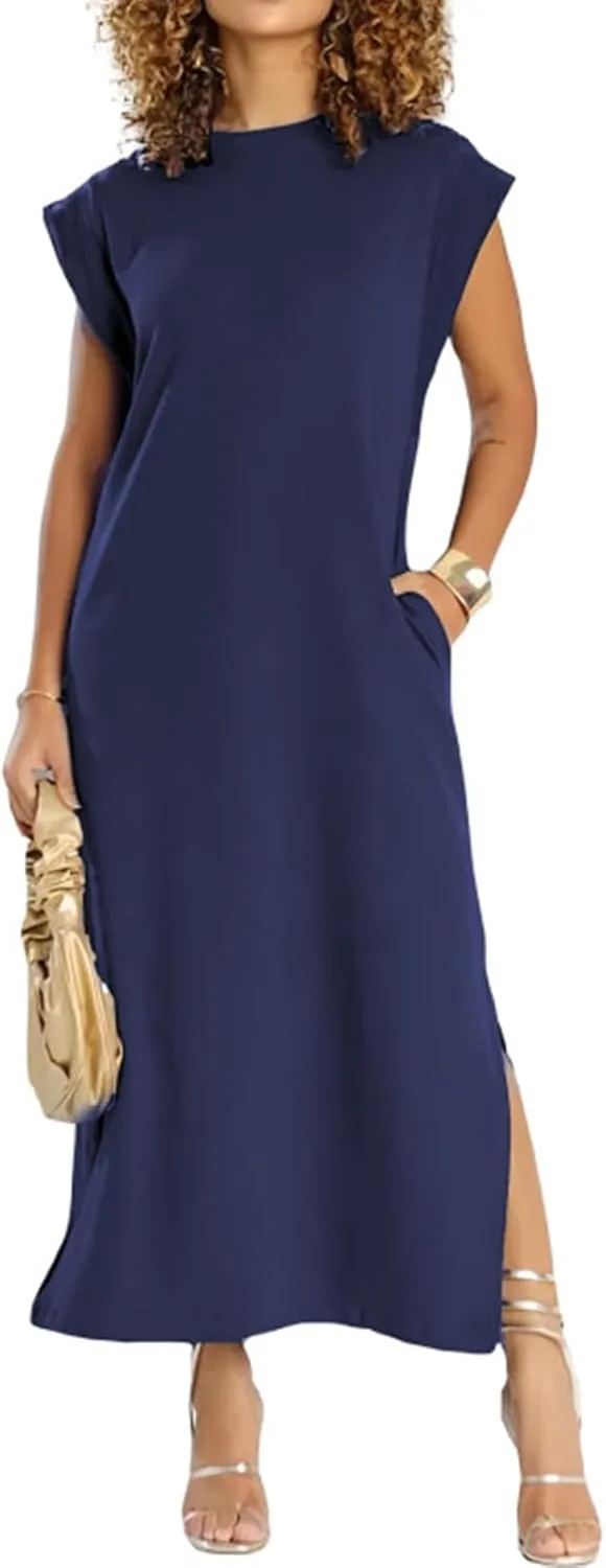 Women's Summer Maxi Dress Casual Round Neck Loose Slit Sundress Beach Vacation Long Dresses with Pockets for 2025