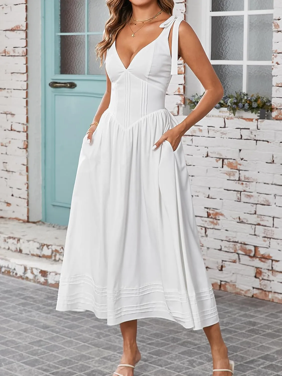 Women's Summer Midi Dress V Neck Casual Flowy A Line Sundress Wedding Guest Long Dresses with Pockets