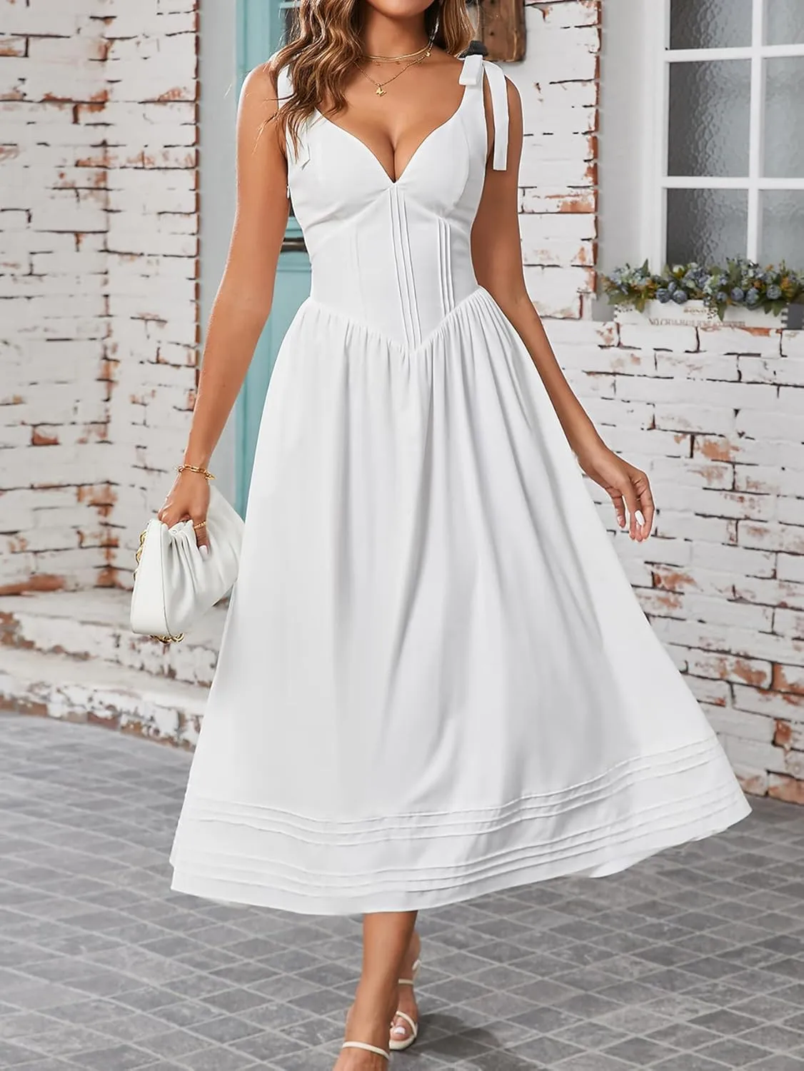 Women's Summer Midi Dress V Neck Casual Flowy A Line Sundress Wedding Guest Long Dresses with Pockets