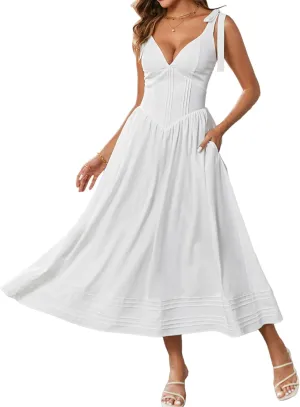 Women's Summer Midi Dress V Neck Casual Flowy A Line Sundress Wedding Guest Long Dresses with Pockets