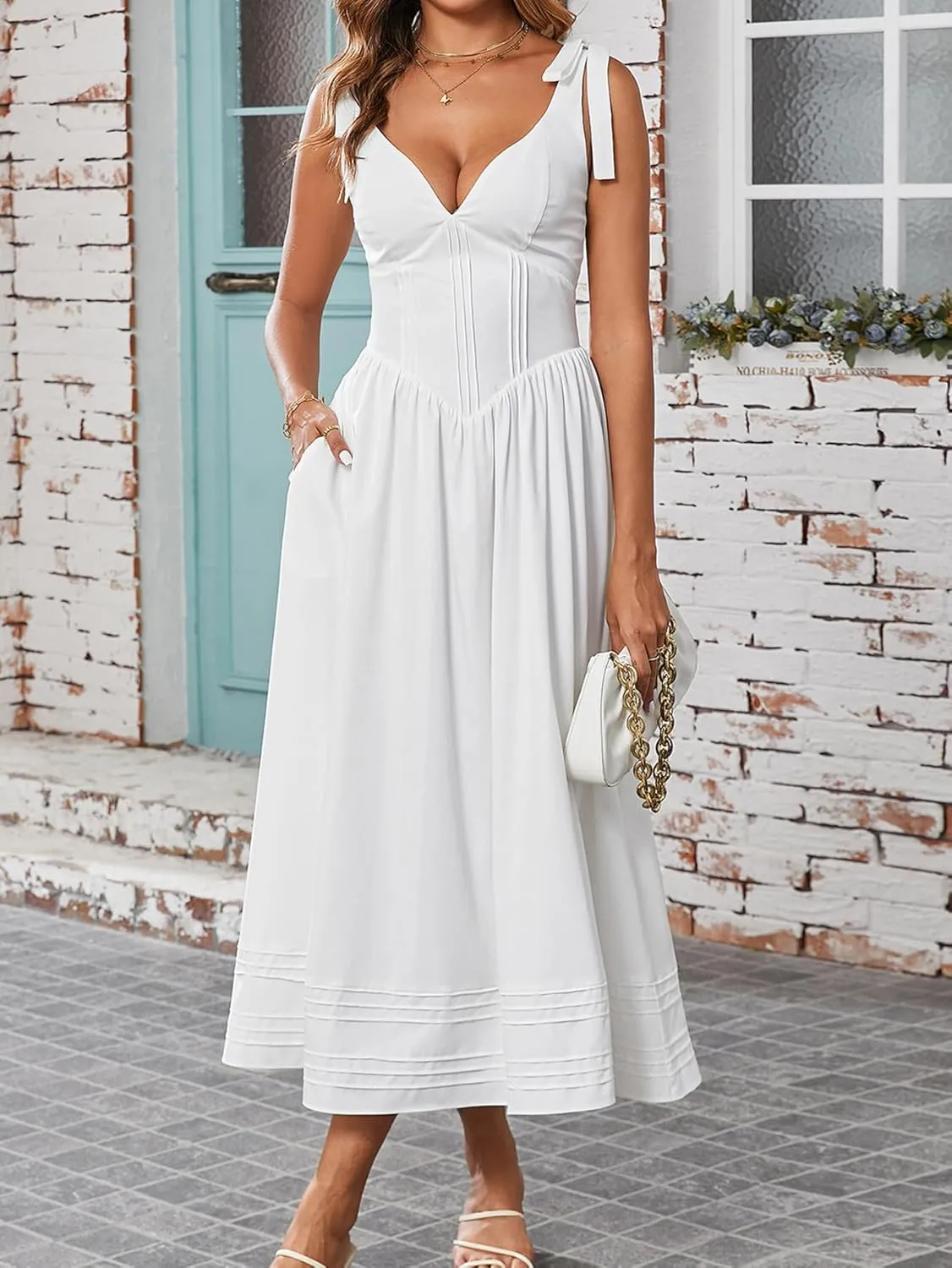Women's Summer Midi Dress V Neck Casual Flowy A Line Sundress Wedding Guest Long Dresses with Pockets