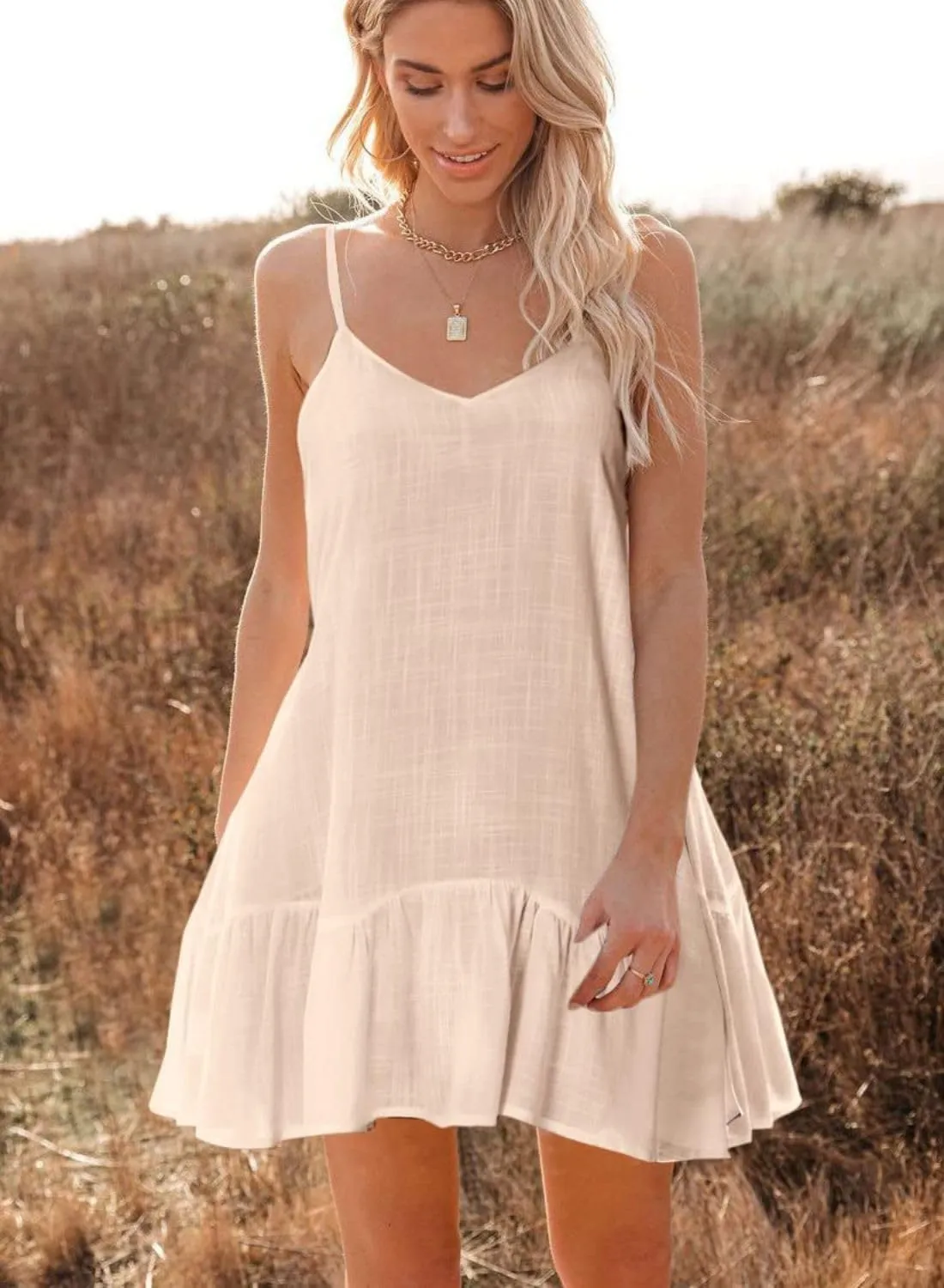 Women's Summer Pleated Hem Sling Dress Vacation Cute Cover Up Hollow Out Solid Color Midi Dress