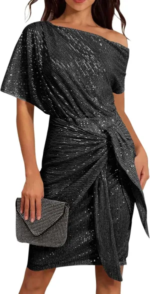 Women's Summer Sexy Elegant Trendy Cold One Shoulder Short Sleeve Sequins Solid Color Prom Party Cocktail Midi Dresses
