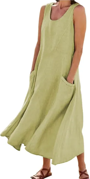 Women's Summer Sleeveless Cotton Linen Dress Plus Size Flowy Beach Long Dress Casual Solid Maxi Dress with Pockets