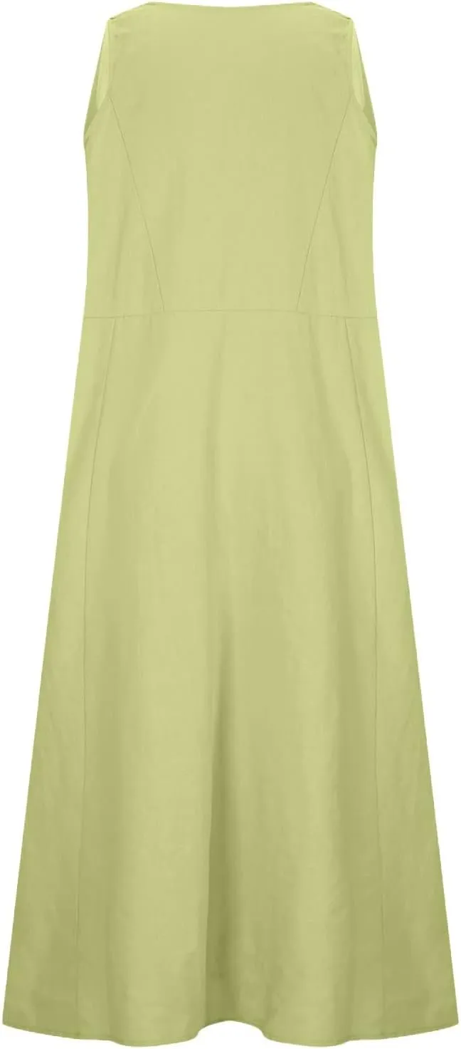 Women's Summer Sleeveless Cotton Linen Dress Plus Size Flowy Beach Long Dress Casual Solid Maxi Dress with Pockets