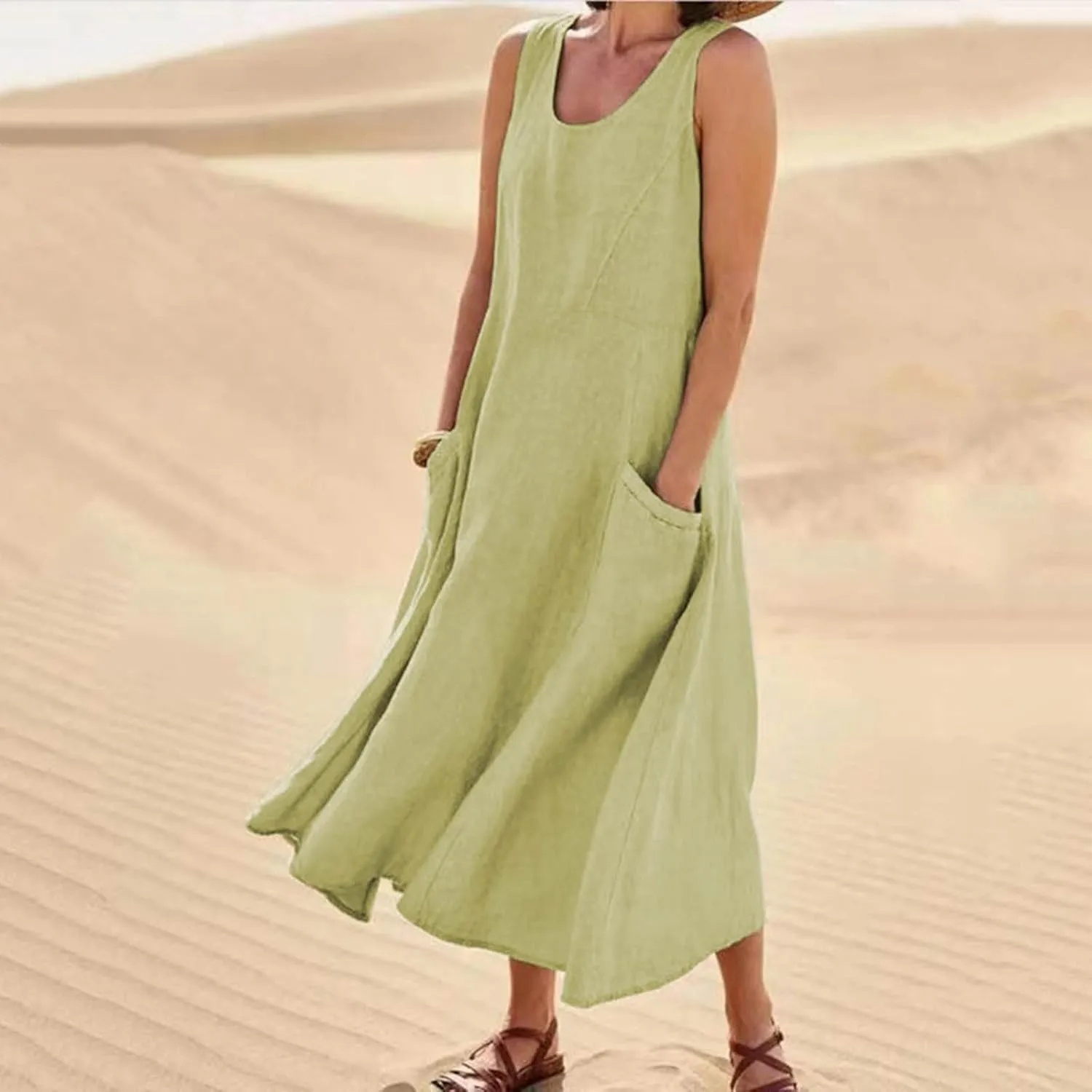 Women's Summer Sleeveless Cotton Linen Dress Plus Size Flowy Beach Long Dress Casual Solid Maxi Dress with Pockets