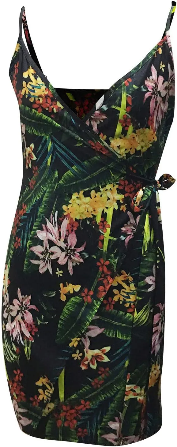 Women's Summer Sleeveless Knotted Boho Floral Print V-Neck Tank Dress Spaghetti Strap Beach Flowy Midi Sun Dresses