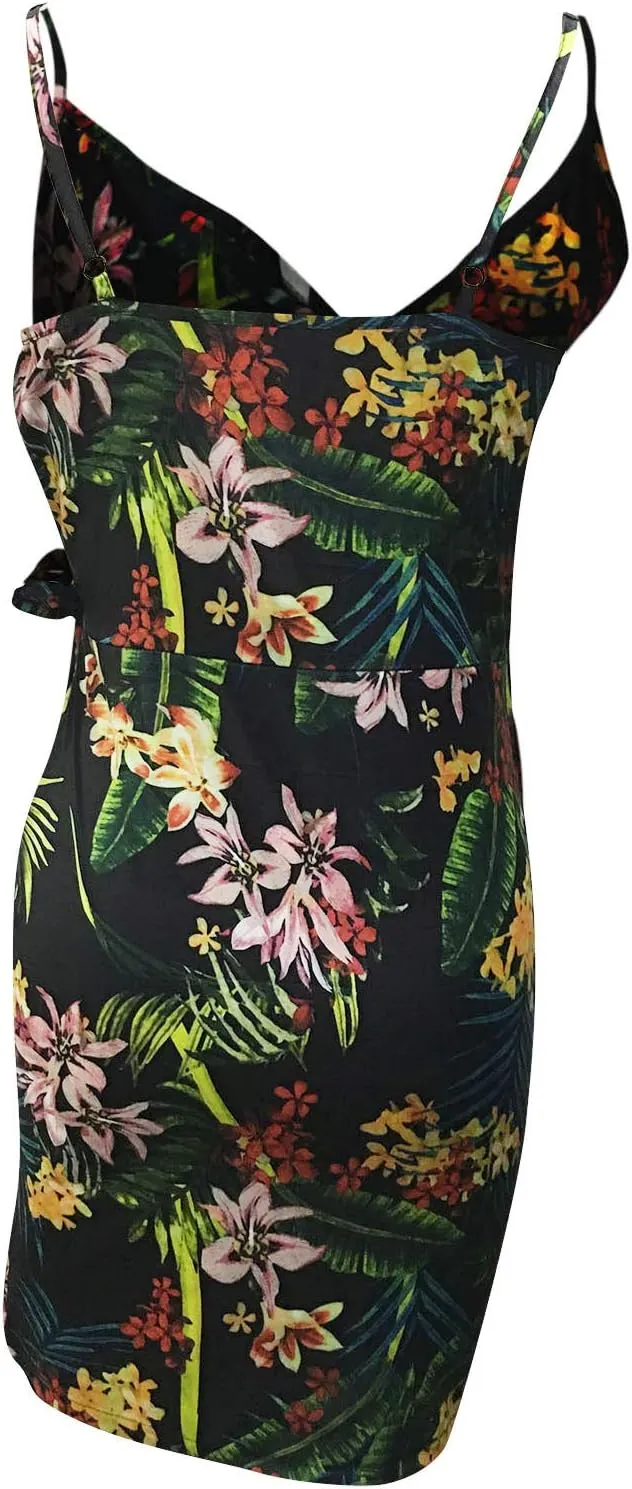 Women's Summer Sleeveless Knotted Boho Floral Print V-Neck Tank Dress Spaghetti Strap Beach Flowy Midi Sun Dresses