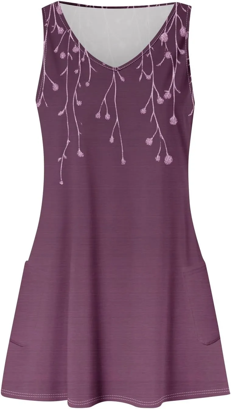 Women's Summer Sleeveless V-Neck Floral Print Casual Loose Beach Dress Lightweight and Breathable Summer