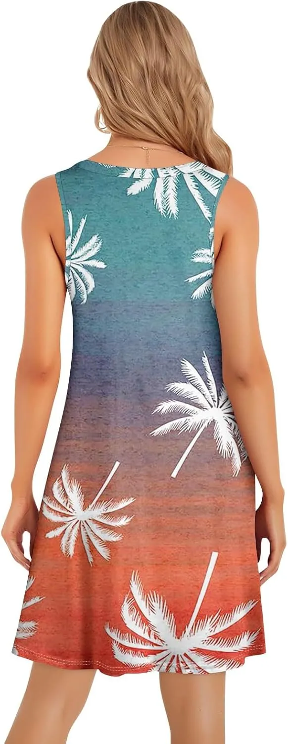 Womens Summer Sundress Sleeveless Pleated A-Line Beach Dresses Casual Crewneck Loose Tank Dress