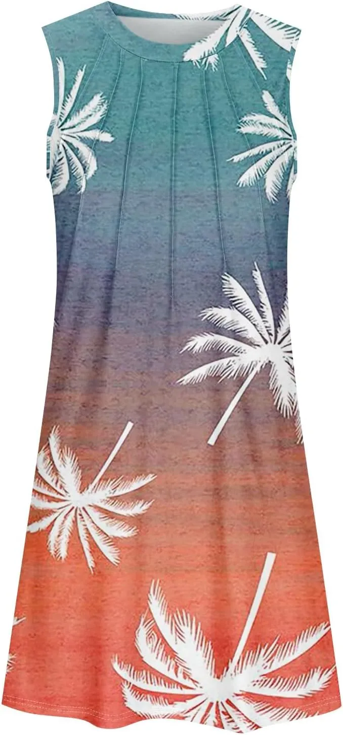 Womens Summer Sundress Sleeveless Pleated A-Line Beach Dresses Casual Crewneck Loose Tank Dress