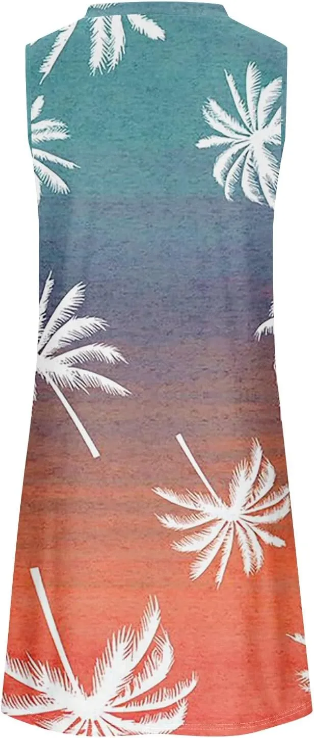Womens Summer Sundress Sleeveless Pleated A-Line Beach Dresses Casual Crewneck Loose Tank Dress