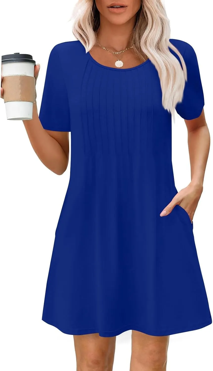 Womens Sundresses Summer Beach Vacation Tshirt Mini Dress Pleated Round Neck Shirt Dresses with Pockets