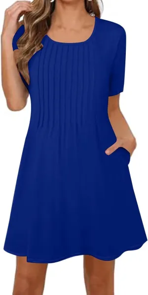 Womens Sundresses Summer Beach Vacation Tshirt Mini Dress Pleated Round Neck Shirt Dresses with Pockets