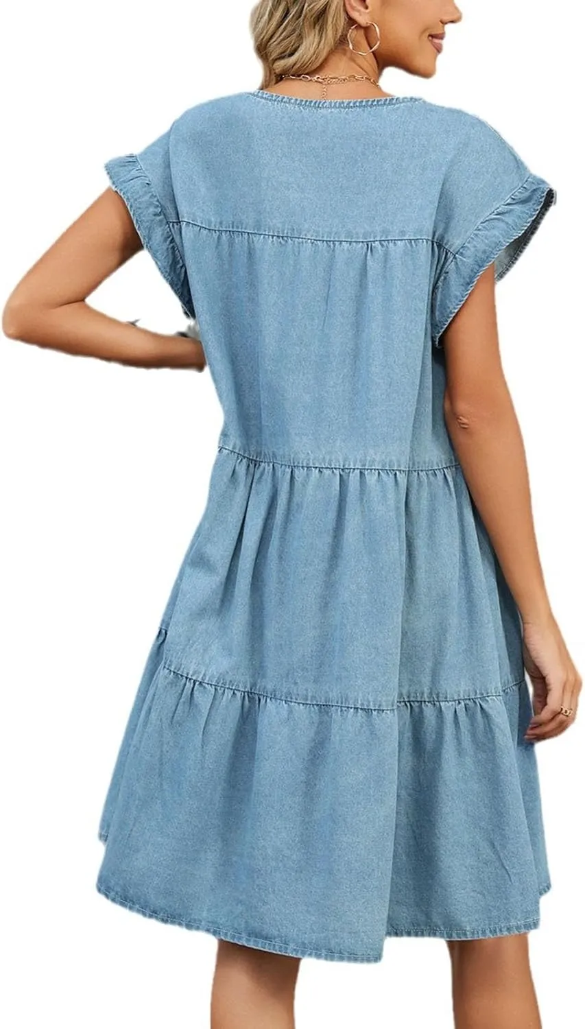 Women's T Shirt Dress Summer Casual Short Sleeve Ruffle Hem Crewneck Solid Loose Pleated Smock Mini Dresses Soft Beach Dress