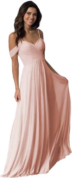 Women's V Neck Off The Shoulder Bridesmaid Dresses with Pockets Ruched Chiffon Long Slit Formal Evening Gown