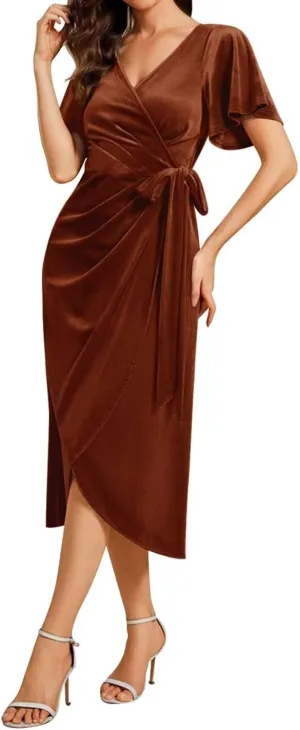 Women's Velvet Wrap Dress Formal V Neck Short Sleeves Elegant Midi Wedding Guest Cocktail Dresses
