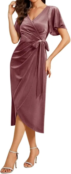 Women's Velvet Wrap Dress Formal V Neck Short Sleeves Elegant Midi Wedding Guest Cocktail Dresses