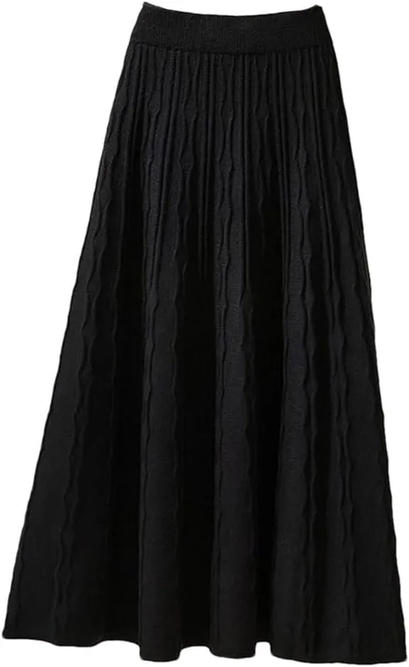 Women's Vintage Knitted Midi Skirt High Waist Pleated Sweater Skirt Winter Slim All Match A Line Skirts